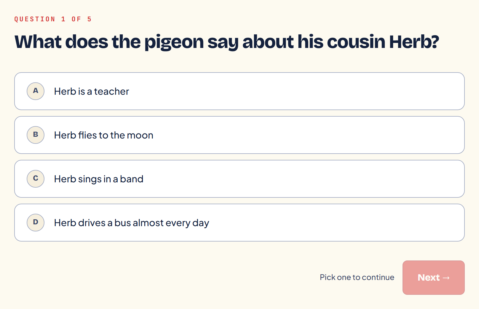 A live PageUp quiz: question 1 of 5 with four answer choices